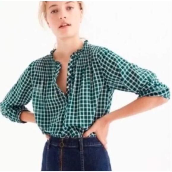 J. Crew Green Gingham Windowpane Popover Pintuck Top Size 6 - Picture 1 of 7